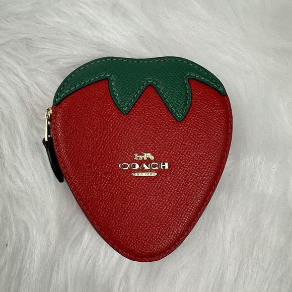 Coach Strawberry Coin Case Pouch In Leather/Bold Red CAN28 NWT - Picture 1 of 4